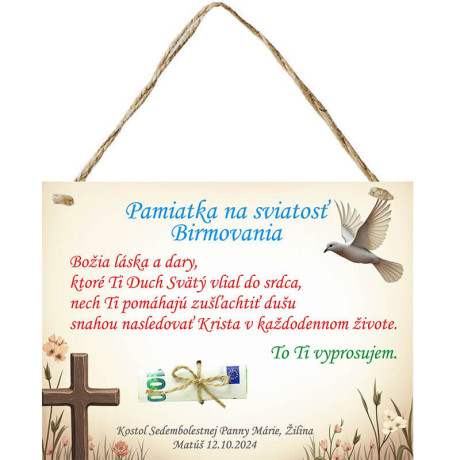Darček na birmovku - Pamätná tabuľka s možnosťou darovania peňazí