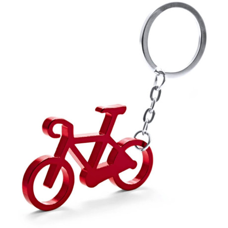 Červený prívesok na kľúče v tvare cestného bicykla s otváračom na fľaše