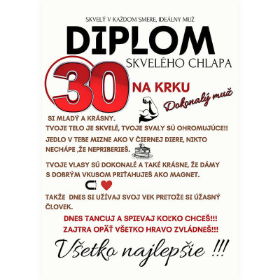 Vtipný plagát na 30. narodeniny pre muža – Diplom pre skvelého chlapa