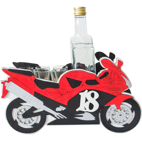 Vtipný darček na 18 pre motorkára – motorka s pohárikmi a fľašou