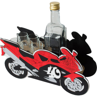 Darček na 40 pre motorkára – Drevená motorka s pohármi a fľašou
