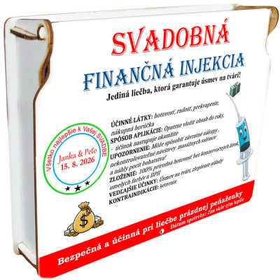 Darčeková krabička s nápisom Svadobná finančná injekcia, obsahujúca štyri injekčné striekačky na bankovky