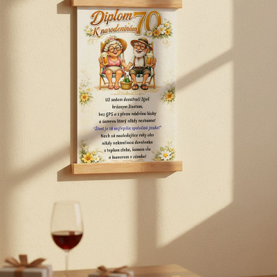 Plagát zavesený na stene z bočného pohľadu ako darček na 70 narodeniny pre dedka alebo babku