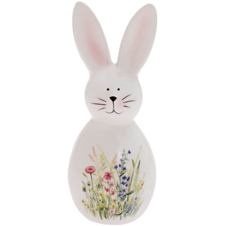 Porcelánový veľkonočný zajačik biely s farebnými lúčnymi kvetmi, dekorácia na Veľkú noc, výška 16,5 cm