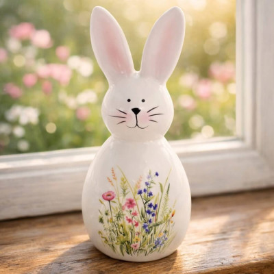 Porcelánový veľkonočný zajačik biely s farebnými lúčnymi kvetmi, dekorácia na Veľkú noc, výška 16,5 cm