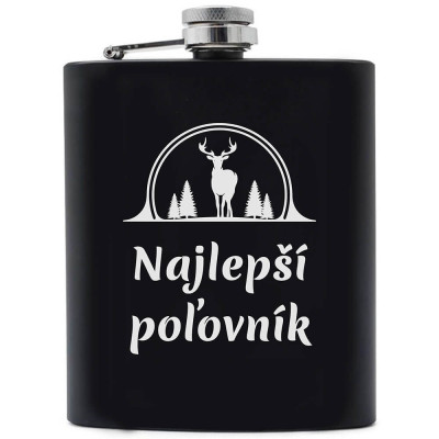Čierna nerezová ploskačka 200 ml s gravírovaným jeleňom a nápisom Najlepší poľovník – darček pre poľovníka