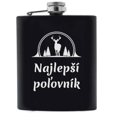 Čierna nerezová ploskačka 200 ml s gravírovaným jeleňom a nápisom Najlepší poľovník – darček pre poľovníka