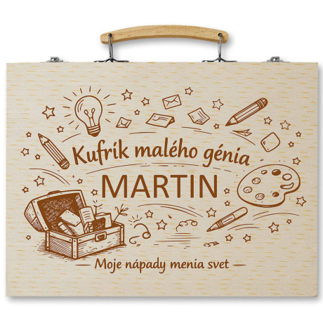 Drevený kufrík s gravírovaným menom MARTIN a nápisom Kufrík malého génia s kreslenými symbolmi kreativity.