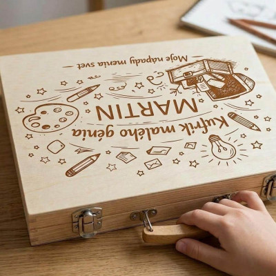 Drevený kufrík s gravírovaným menom MARTIN a nápisom Kufrík malého génia s kreslenými symbolmi kreativity.