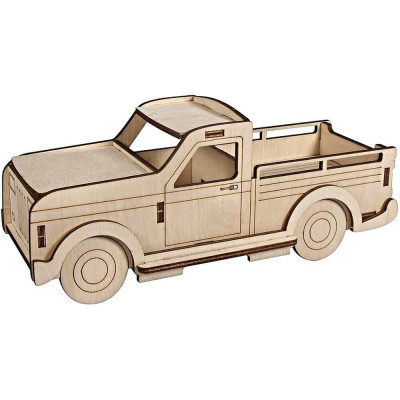 Hotový 3D model dreveného pickup trucku zo skladačky – pohľad zboku