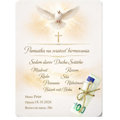 Darček na birmovku – pamätná karta Sedem darov Ducha Svätého s menom