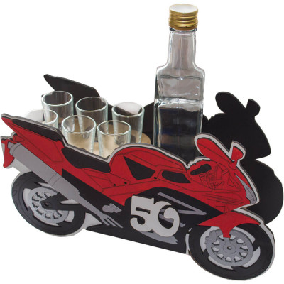 Darček na 50 pre motorkára – drevená motorka s fľašou