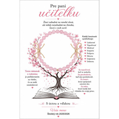 Darček pre pani učiteľku – drevená tabuľka HDF s citátom a náramkom z ružových kameňov ruženínu na elastickej gumičke