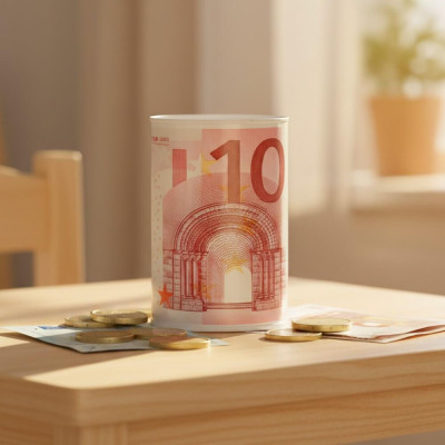 Pokladnička 10 € na stole s ušetrenými peniazmi