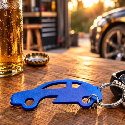 Prívesok na kľúče auto s otváračom pre vodiča na stole v garáži