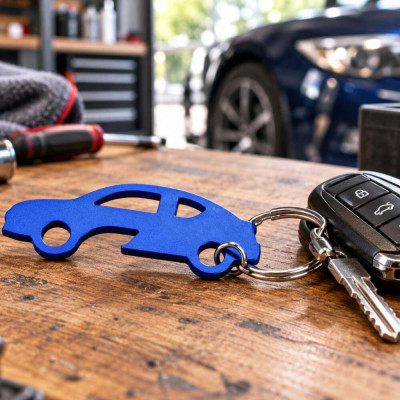 Prívesok na kľúče auto s otváračom pre vodiča na stole v garáži