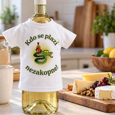 Fľaša s tričkom kto sa plazí nezakopne na kuchynskej doske