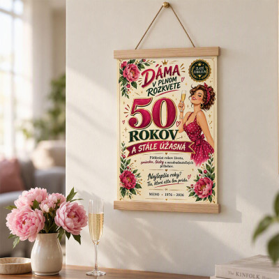 Plagát pre ženu na 50 narodeniny zavesený na stene