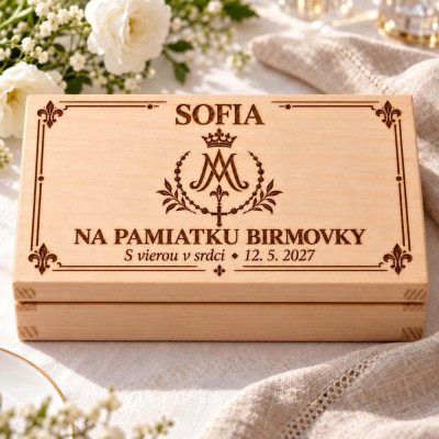 Otvorená krabička na birmovku s peniazmi na sviatočnom stole