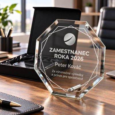 Sklenená trofej pre zamestnanca s gravírovaním na pracovnom stole