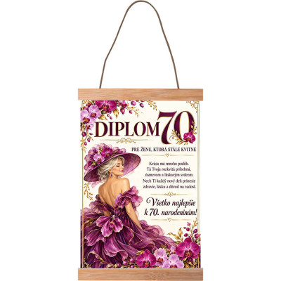 Diplom k 70. narodeninám pre ženu s orchideami, drevenými lištami a šnúrkou.