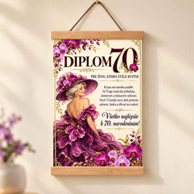 Diplom k 70. narodeninám pre ženu zavesený na stene