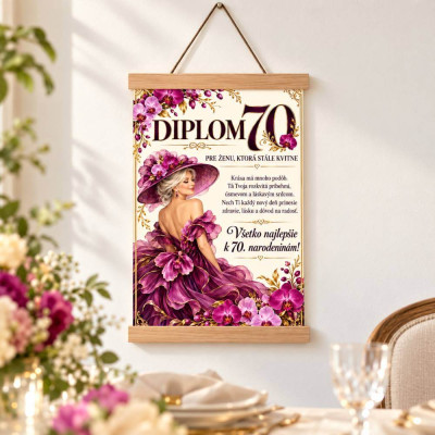 Diplom k 70. narodeninám pre ženu zavesený na stene