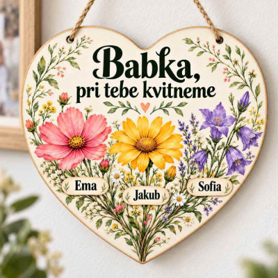 Srdiečko pre babičku od vnúčat – Babka, pri tebe kvitneme zavesené na stene