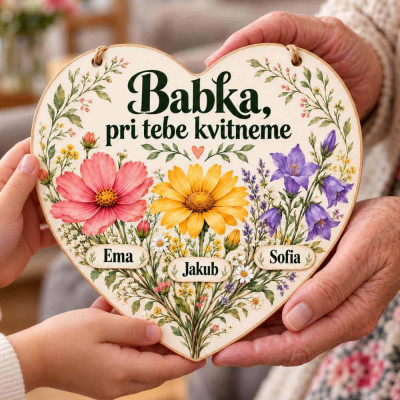 Srdiečko pre babičku od vnúčat – Babka, pri tebe kvitneme pri odovzdávaní do rúk babičky