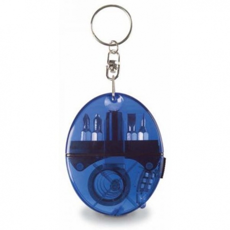 Modrý prívesok na kľúče - skrutkovače, baterka, meter