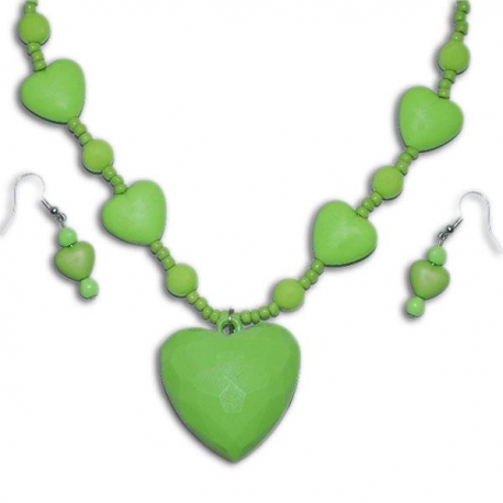 Zelený náhrdelník s náušnicami srdiečka