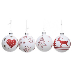 Vianočné gule zo skla bielo červené – srdce, jeleň, vločka, stromček width=