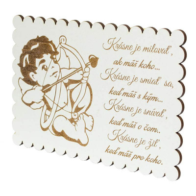 AMOR – drevená pohľadnica s anjelom a textom pre zaľúbených