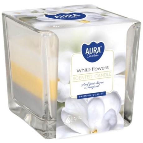 Trojfarebná sviečka v skle – white flowers