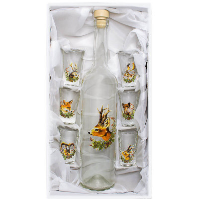 Originálny darček pre poľovníka fľaša s pohárikmi a zvieratami